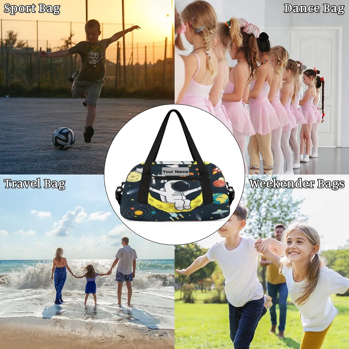 Personalized Sports Duffel Bag for Kids, Custom Dance Bag Gym Bag for Girls, Weekender Bags Travel Duffle Bag for Boys, Astronaut Planets Themed