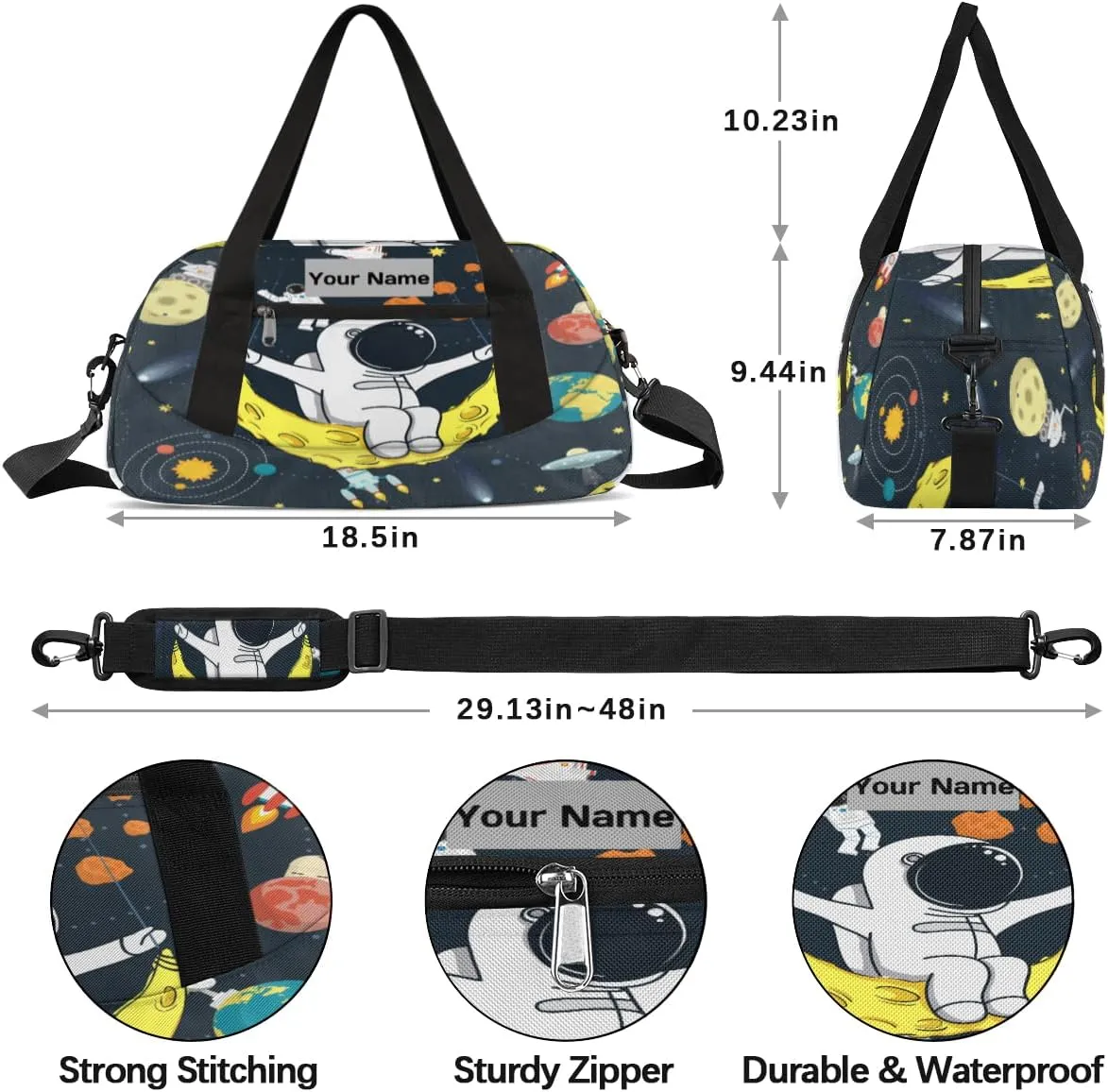 Personalized Sports Duffel Bag for Kids, Custom Dance Bag Gym Bag for Girls, Weekender Bags Travel Duffle Bag for Boys, Astronaut Planets Themed