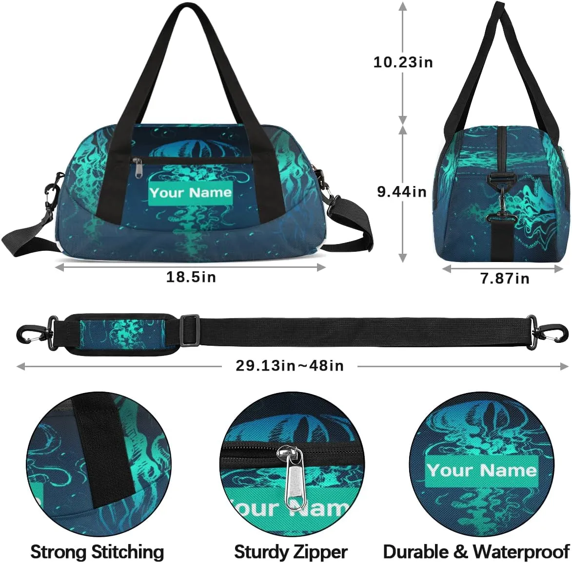 Personalized Sports Duffel Bag for Kids, Custom Dance Bag Gym Bag for Girls, Weekender Bags Travel Duffle Bag for Boys, Sea Jellyfish Themed