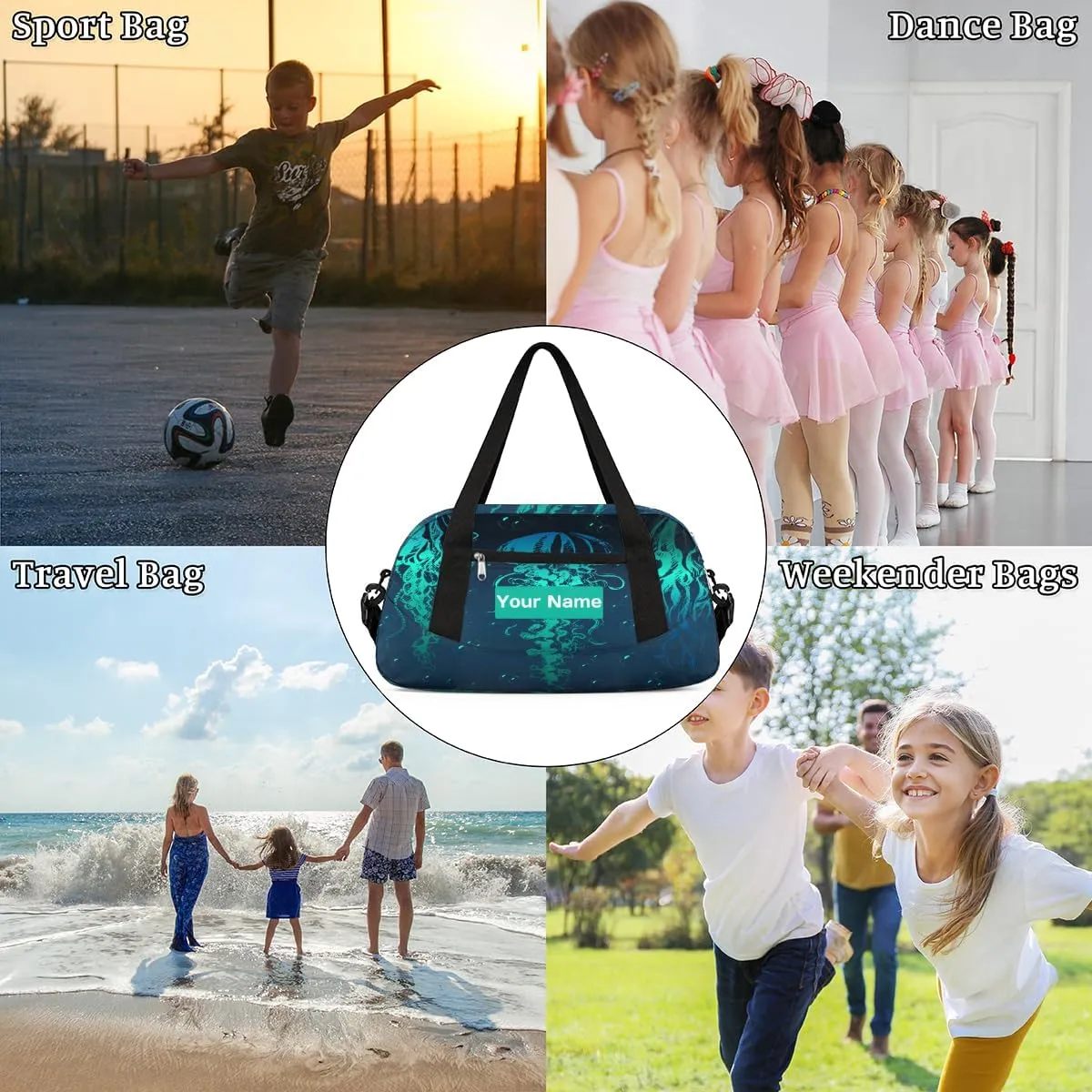Personalized Sports Duffel Bag for Kids, Custom Dance Bag Gym Bag for Girls, Weekender Bags Travel Duffle Bag for Boys, Sea Jellyfish Themed