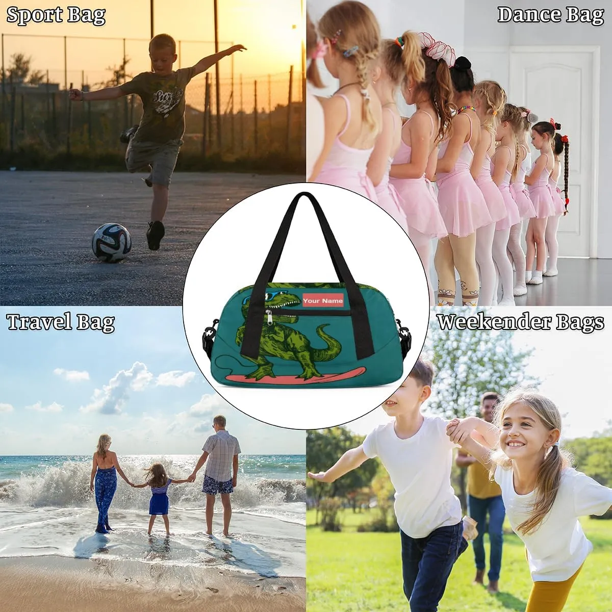 Personalized Sports Duffel Bag for Kids, Custom Dance Bag Gym Bag for Girls, Weekender Bags Travel Duffle Bag for Boys, Skateboard Dinosaur Themed