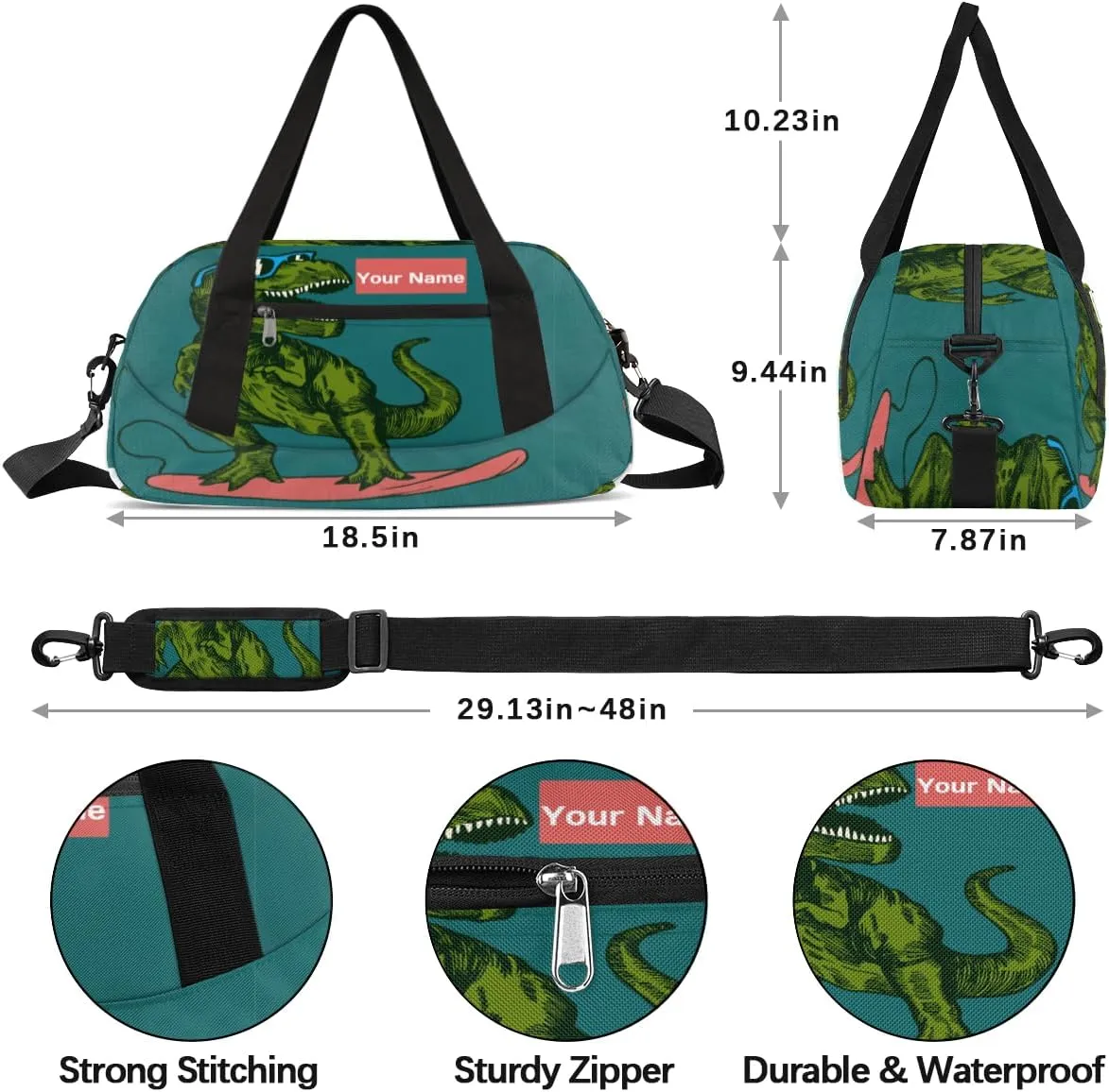 Personalized Sports Duffel Bag for Kids, Custom Dance Bag Gym Bag for Girls, Weekender Bags Travel Duffle Bag for Boys, Skateboard Dinosaur Themed