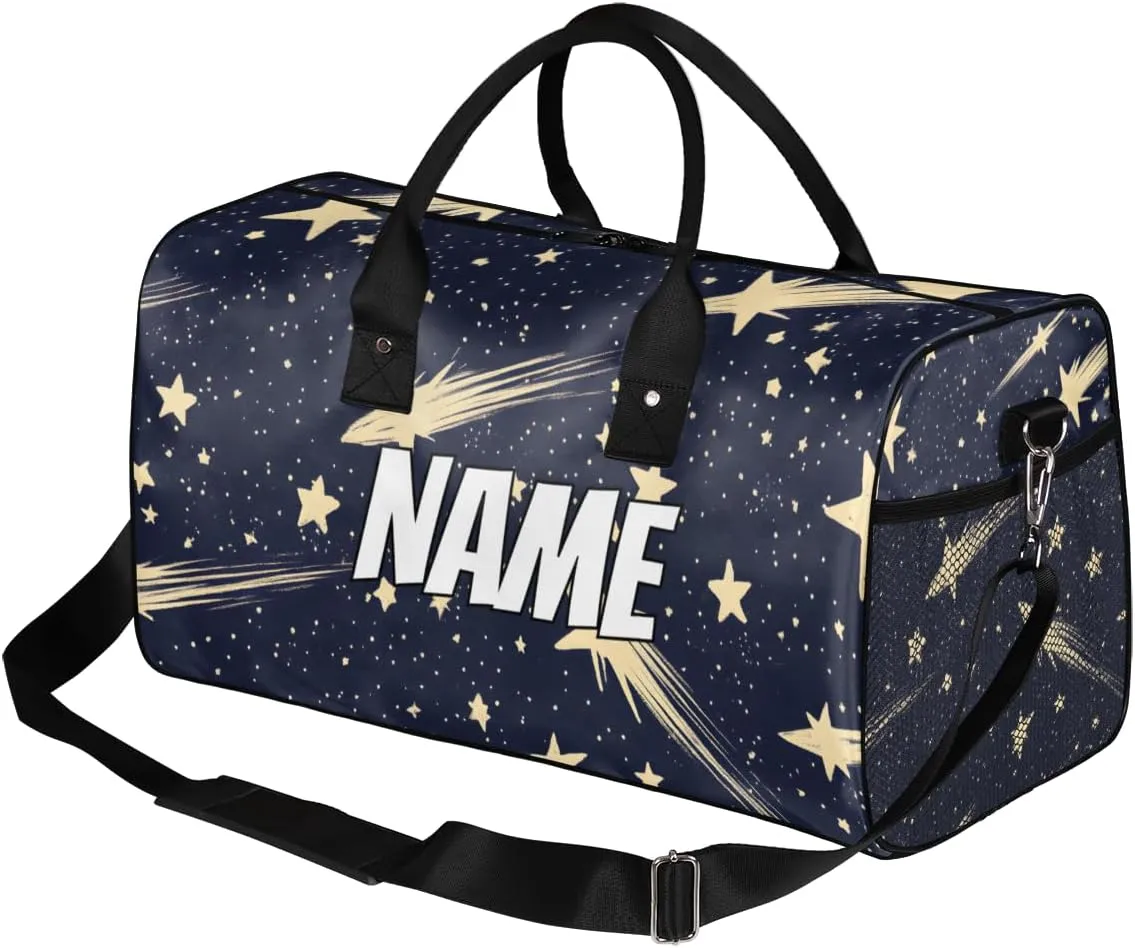 Personalized Starry Sky Travel Duffel Bag with Name, Custom Gym Sport Bag Meteor Universe Carry On Weekend Overnight Duffel Bag for Men Women