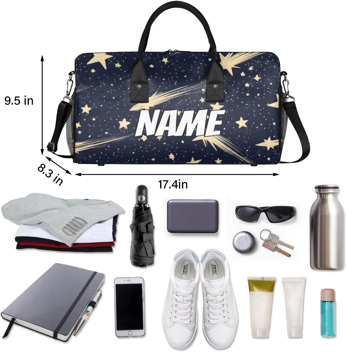 Personalized Starry Sky Travel Duffel Bag with Name, Custom Gym Sport Bag Meteor Universe Carry On Weekend Overnight Duffel Bag for Men Women