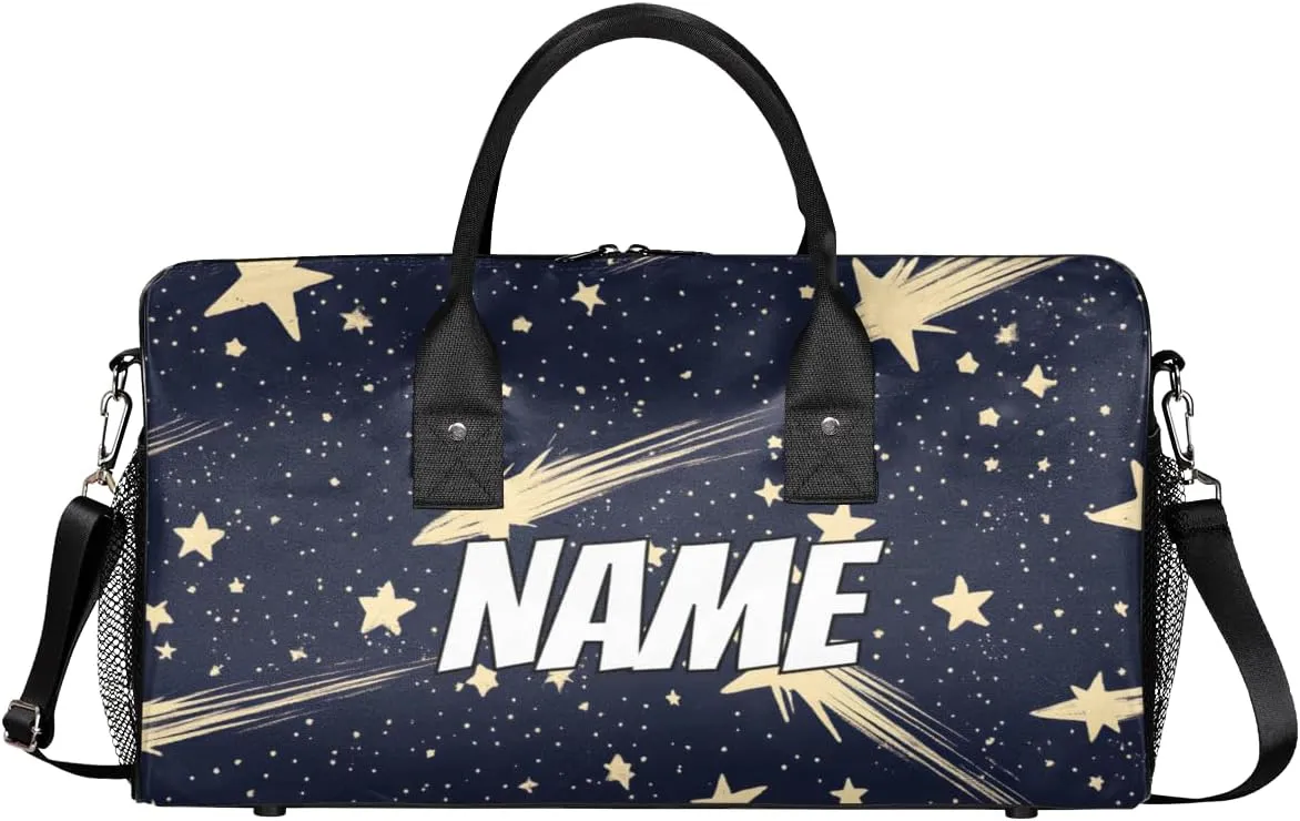 Personalized Starry Sky Travel Duffel Bag with Name, Custom Gym Sport Bag Meteor Universe Carry On Weekend Overnight Duffel Bag for Men Women