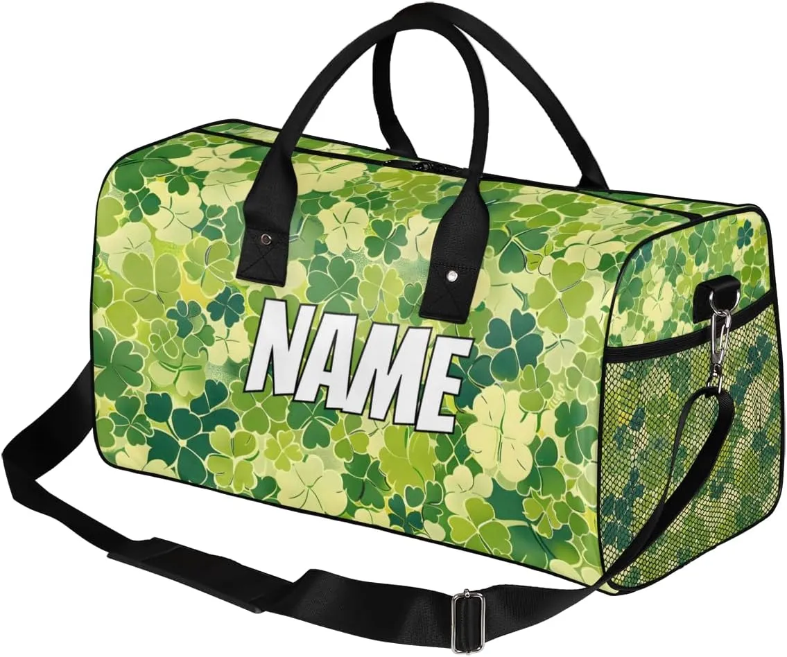 Personalized St.Patrick's Day Travel Duffel Bag with Name, Custom Gym Sport Bag Shamrock Clover Carry On Weekend Overnight Duffel Bag for Men Women
