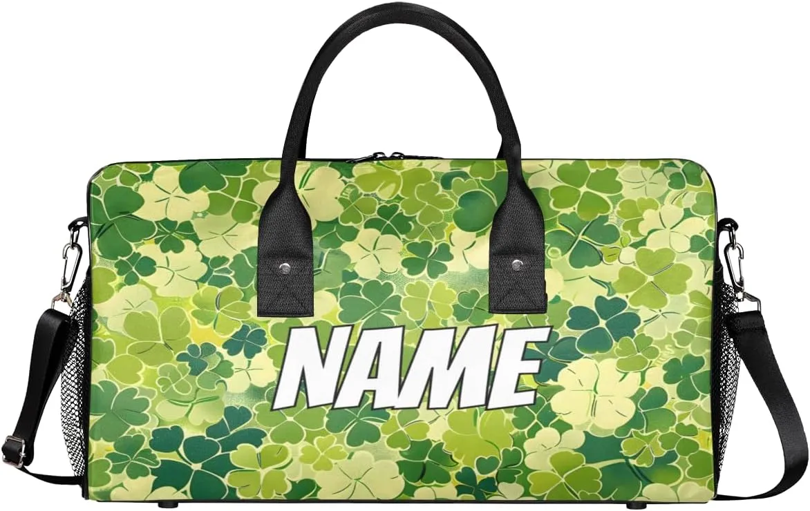 Personalized St.Patrick's Day Travel Duffel Bag with Name, Custom Gym Sport Bag Shamrock Clover Carry On Weekend Overnight Duffel Bag for Men Women