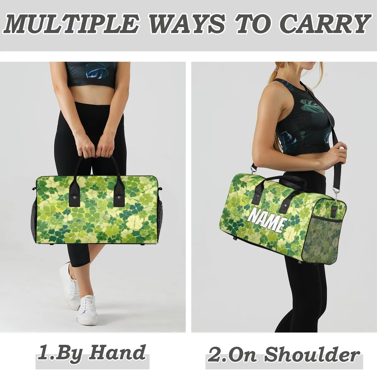 Personalized St.Patrick's Day Travel Duffel Bag with Name, Custom Gym Sport Bag Shamrock Clover Carry On Weekend Overnight Duffel Bag for Men Women