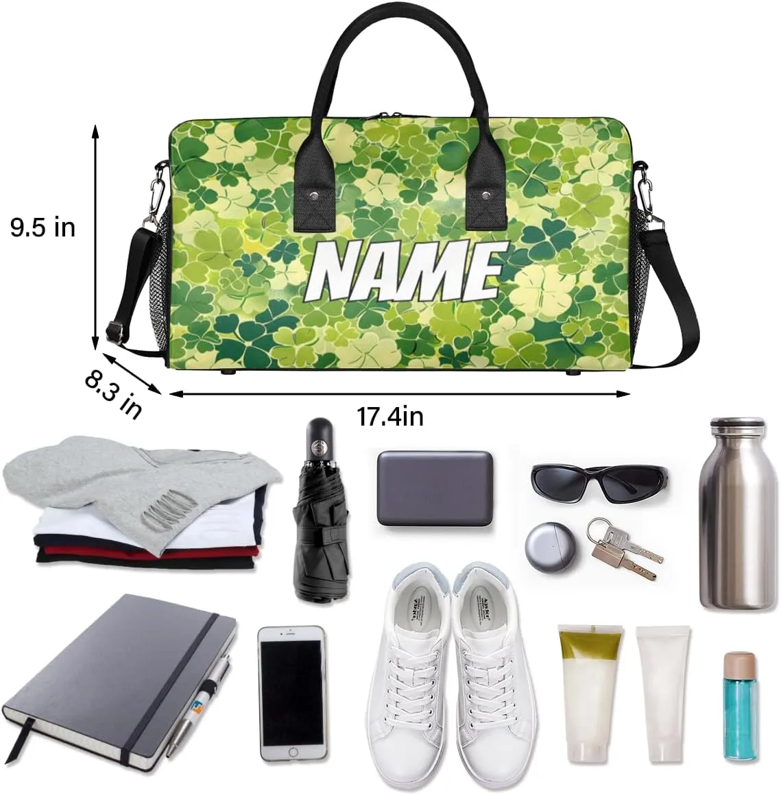 Personalized St.Patrick's Day Travel Duffel Bag with Name, Custom Gym Sport Bag Shamrock Clover Carry On Weekend Overnight Duffel Bag for Men Women