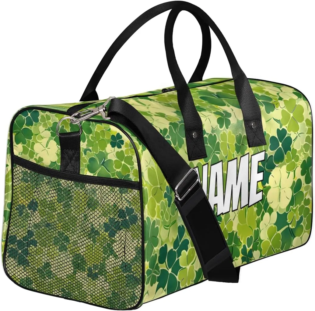 Personalized St.Patrick's Day Travel Duffel Bag with Name, Custom Gym Sport Bag Shamrock Clover Carry On Weekend Overnight Duffel Bag for Men Women
