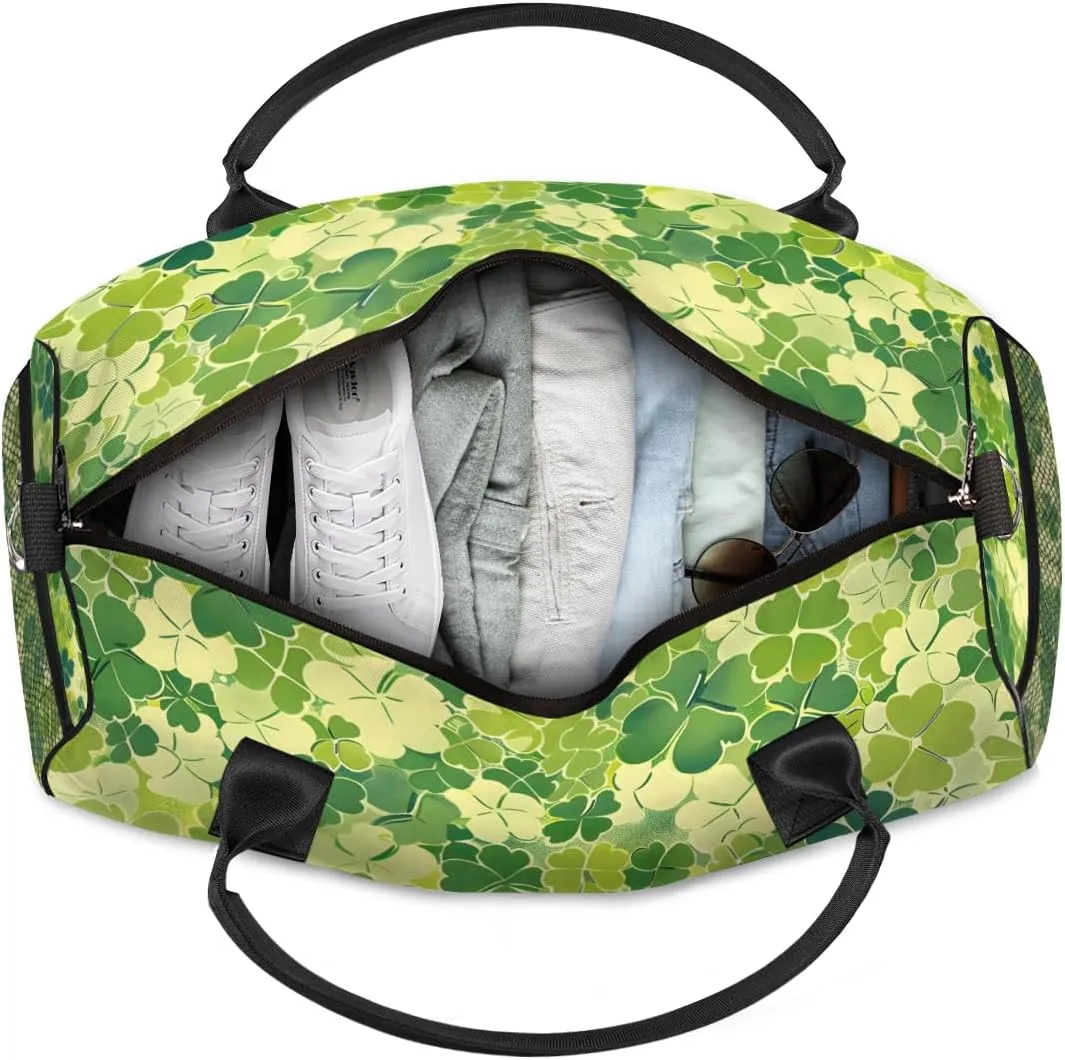 Personalized St.Patrick's Day Travel Duffel Bag with Name, Custom Gym Sport Bag Shamrock Clover Carry On Weekend Overnight Duffel Bag for Men Women
