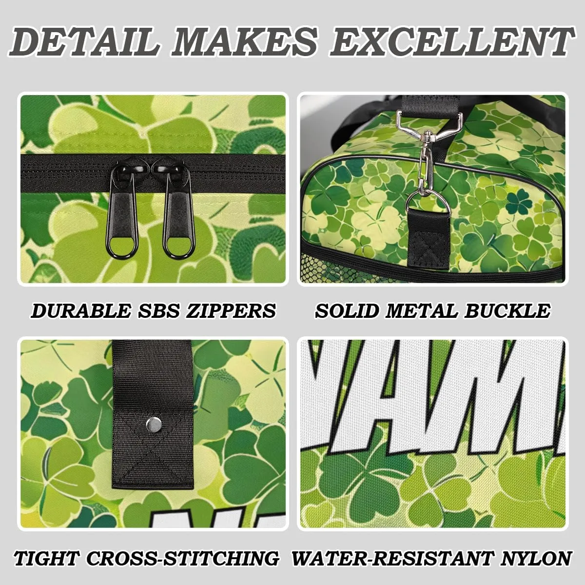 Personalized St.Patrick's Day Travel Duffel Bag with Name, Custom Gym Sport Bag Shamrock Clover Carry On Weekend Overnight Duffel Bag for Men Women