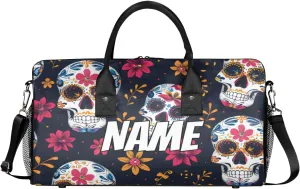 Personalized Sugar Skull Travel Duffel Bag with Name, Custom Gym Sport Bag Retro Flower Carry On Weekend Overnight Duffel Bag for Men Women