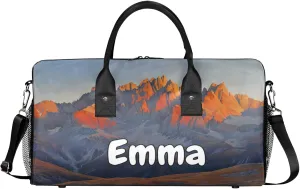 Personalized Sunrise Mountains Travel Duffel Bag with Name, Custom Gym Sport Bag Idyllic Scenery Carry On Weekend Overnight Duffel Bag for Men Women