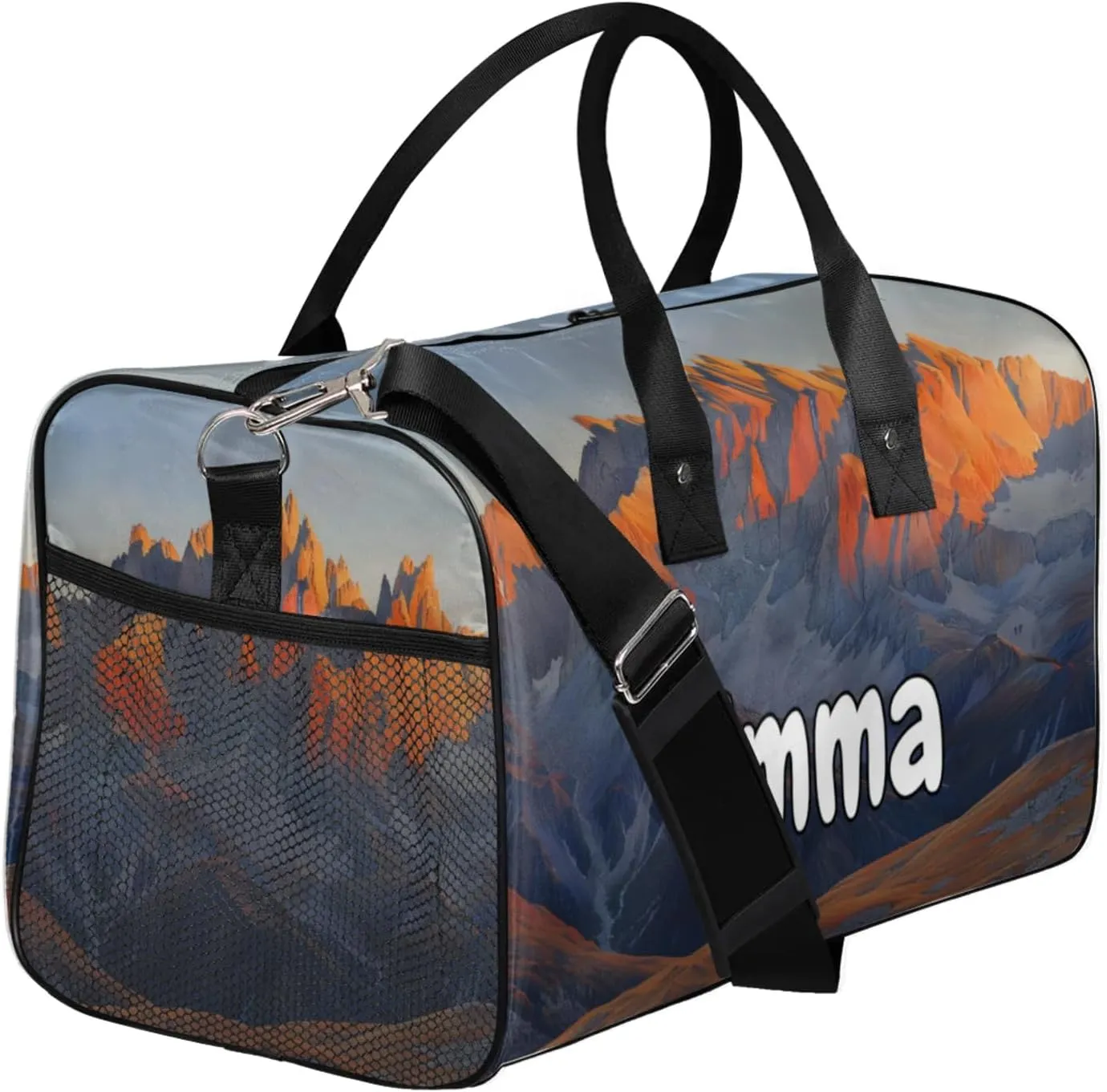 Personalized Sunrise Mountains Travel Duffel Bag with Name, Custom Gym Sport Bag Idyllic Scenery Carry On Weekend Overnight Duffel Bag for Men Women