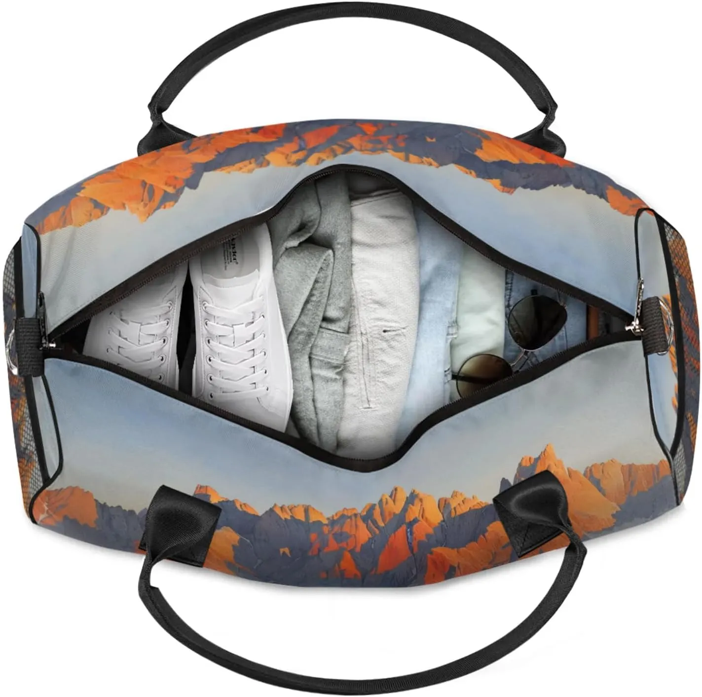 Personalized Sunrise Mountains Travel Duffel Bag with Name, Custom Gym Sport Bag Idyllic Scenery Carry On Weekend Overnight Duffel Bag for Men Women