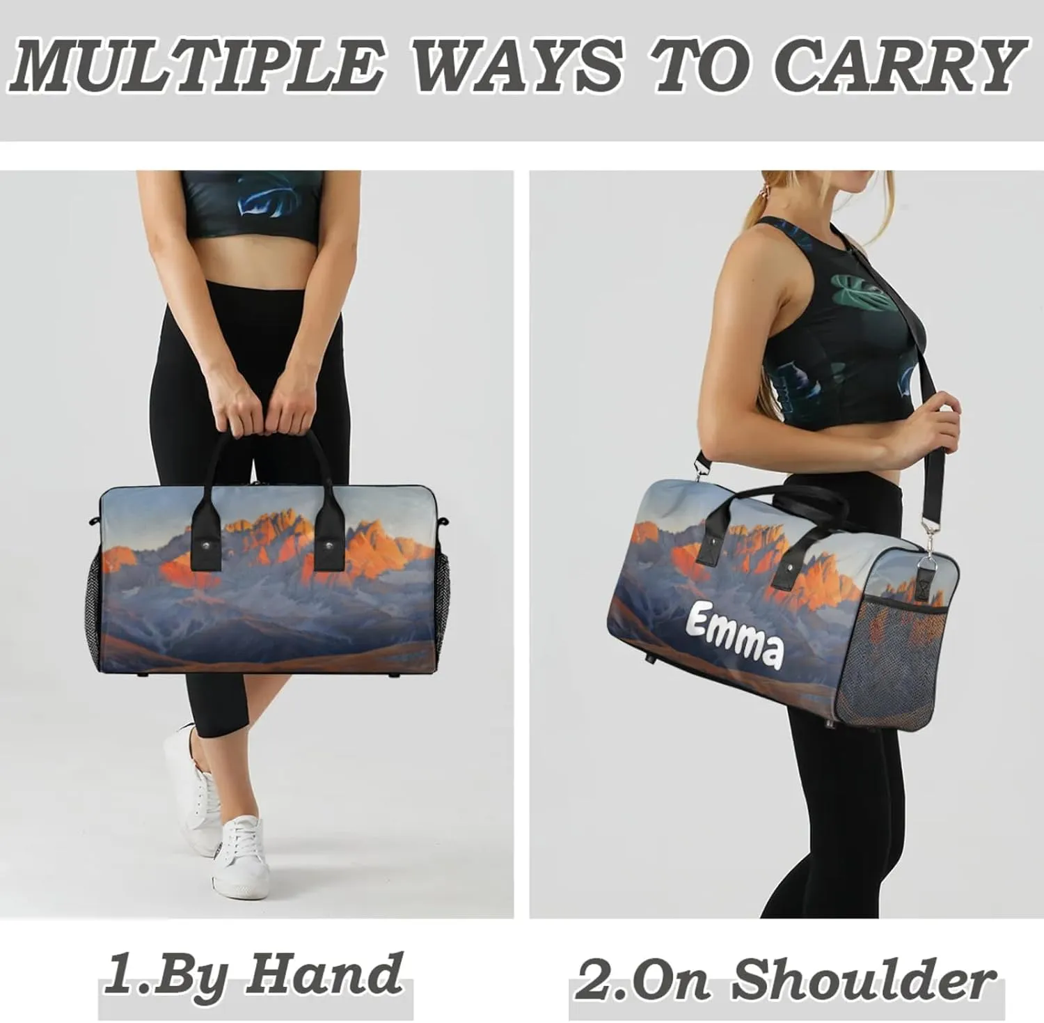 Personalized Sunrise Mountains Travel Duffel Bag with Name, Custom Gym Sport Bag Idyllic Scenery Carry On Weekend Overnight Duffel Bag for Men Women