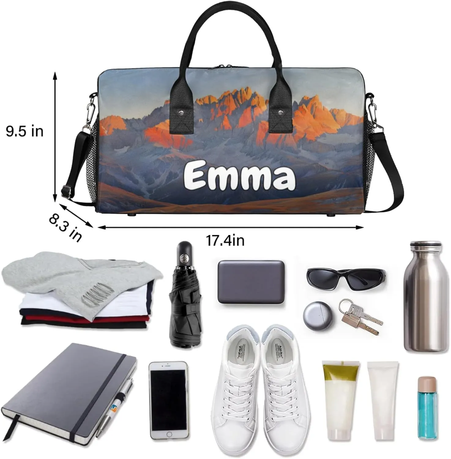 Personalized Sunrise Mountains Travel Duffel Bag with Name, Custom Gym Sport Bag Idyllic Scenery Carry On Weekend Overnight Duffel Bag for Men Women