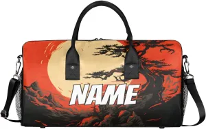 Personalized Sunset Scenery Travel Duffel Bag with Name, Custom Gym Sport Bag Japanese Style Carry On Weekend Overnight Duffel Bag for Men Women