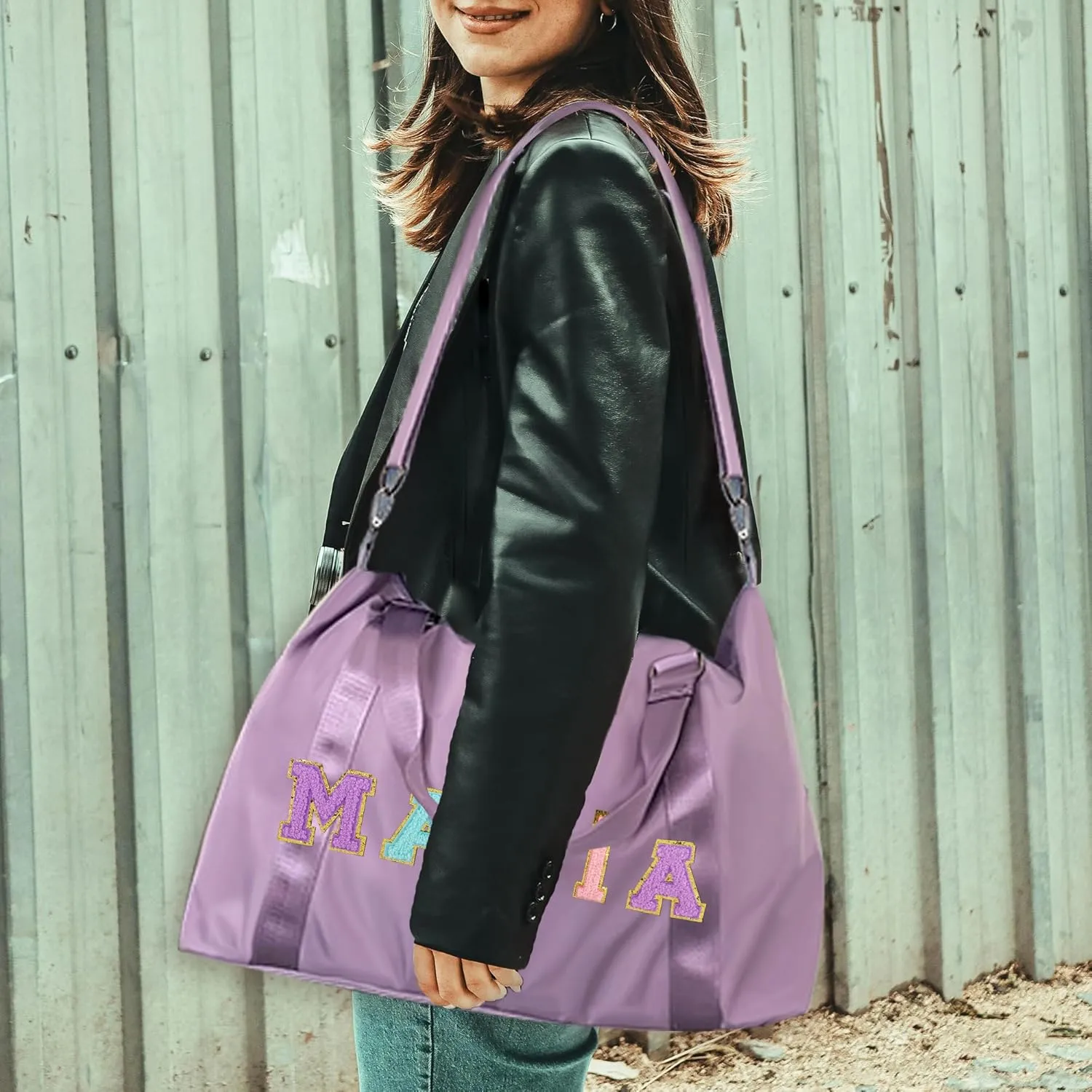 Personalized Travel Duffel Bag Chenille Letter Patch Luggage Bag Custom Dance Bag Sports Gym Bag Weekender Overnight Bag for Women