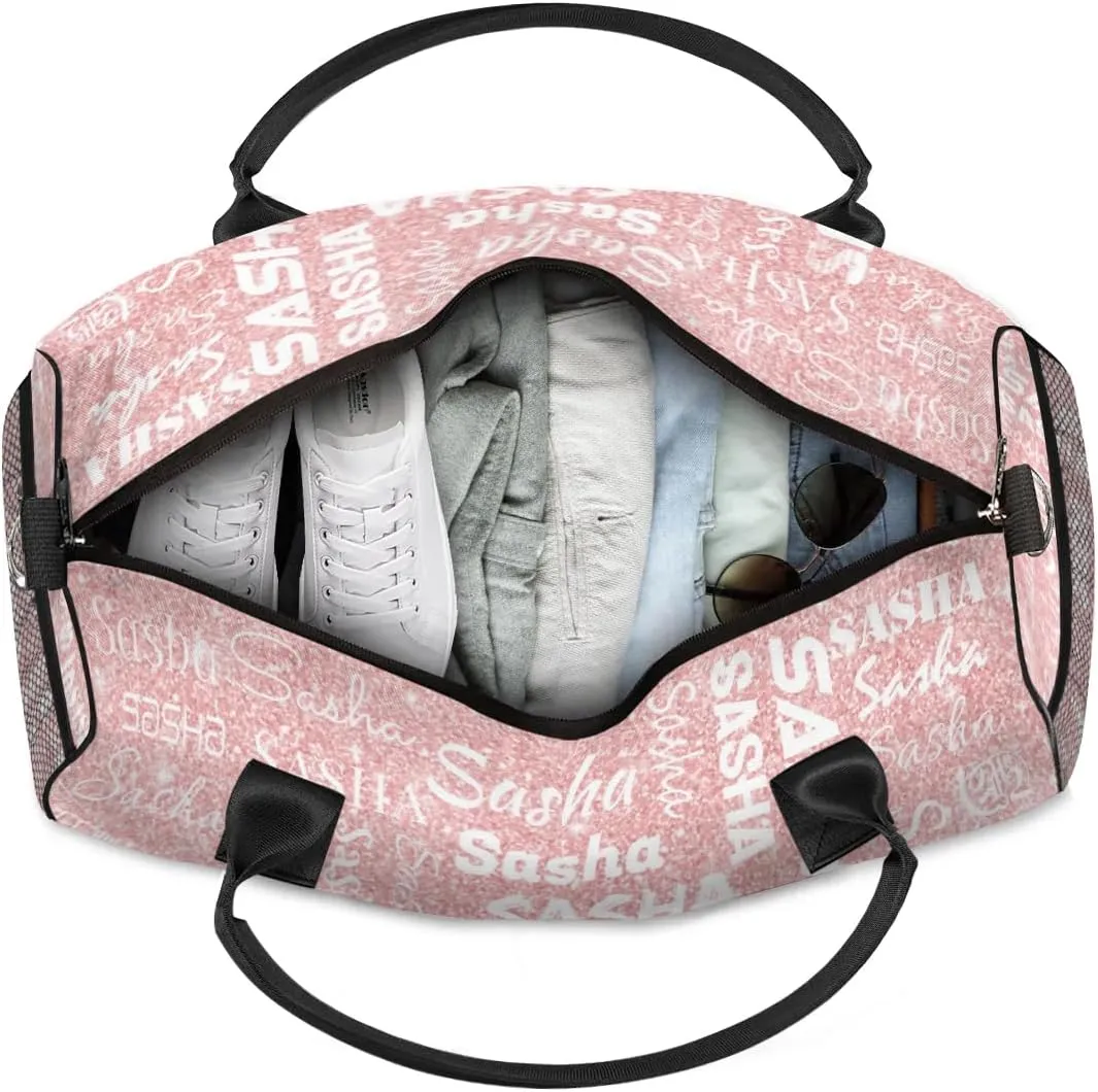 Personalized Travel Duffel Bag for Women Men, Custom Name Gym Duffel Bags Sports Overnight Weekender Bags Birthday Gift, Pink Sequins (No Glitter)