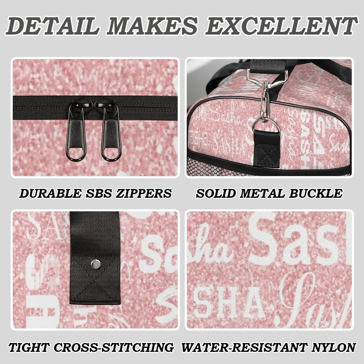 Personalized Travel Duffel Bag for Women Men, Custom Name Gym Duffel Bags Sports Overnight Weekender Bags Birthday Gift, Pink Sequins (No Glitter)