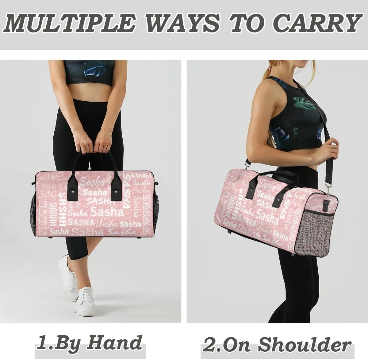 Personalized Travel Duffel Bag for Women Men, Custom Name Gym Duffel Bags Sports Overnight Weekender Bags Birthday Gift, Pink Sequins (No Glitter)