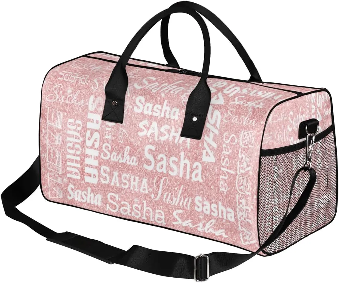 Personalized Travel Duffel Bag for Women Men, Custom Name Gym Duffel Bags Sports Overnight Weekender Bags Birthday Gift, Pink Sequins (No Glitter)