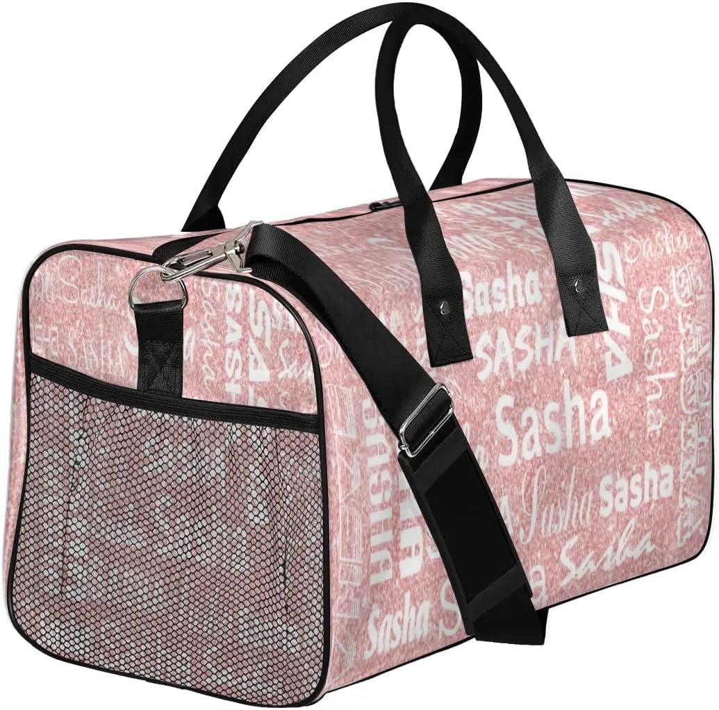 Personalized Travel Duffel Bag for Women Men, Custom Name Gym Duffel Bags Sports Overnight Weekender Bags Birthday Gift, Pink Sequins (No Glitter)