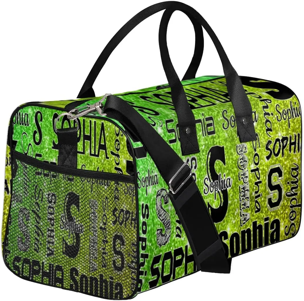 Personalized Travel Duffel Bag with Initial for Women, Custom Gym Duffel Bags Birthday Gift with Your Name Cheer Dance Overnight Weekender Bag Light Green Glitter
