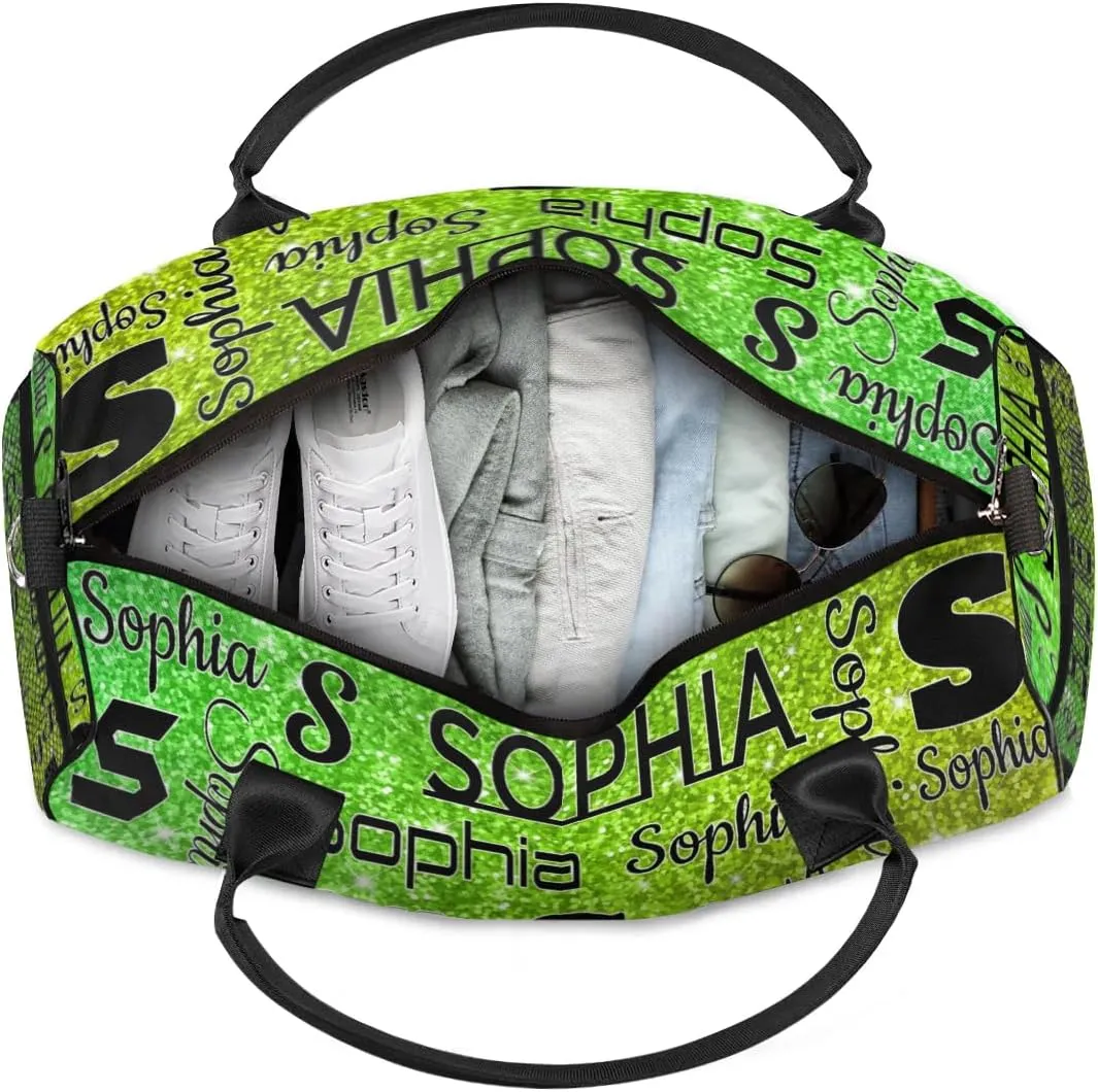 Personalized Travel Duffel Bag with Initial for Women, Custom Gym Duffel Bags Birthday Gift with Your Name Cheer Dance Overnight Weekender Bag Light Green Glitter