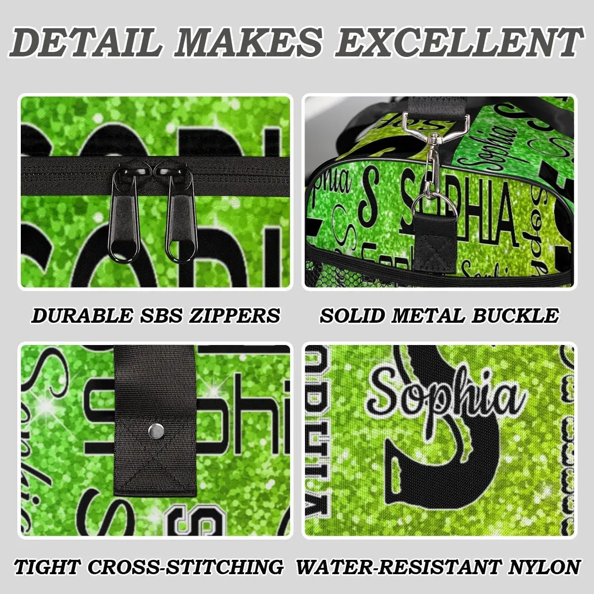 Personalized Travel Duffel Bag with Initial for Women, Custom Gym Duffel Bags Birthday Gift with Your Name Cheer Dance Overnight Weekender Bag Light Green Glitter