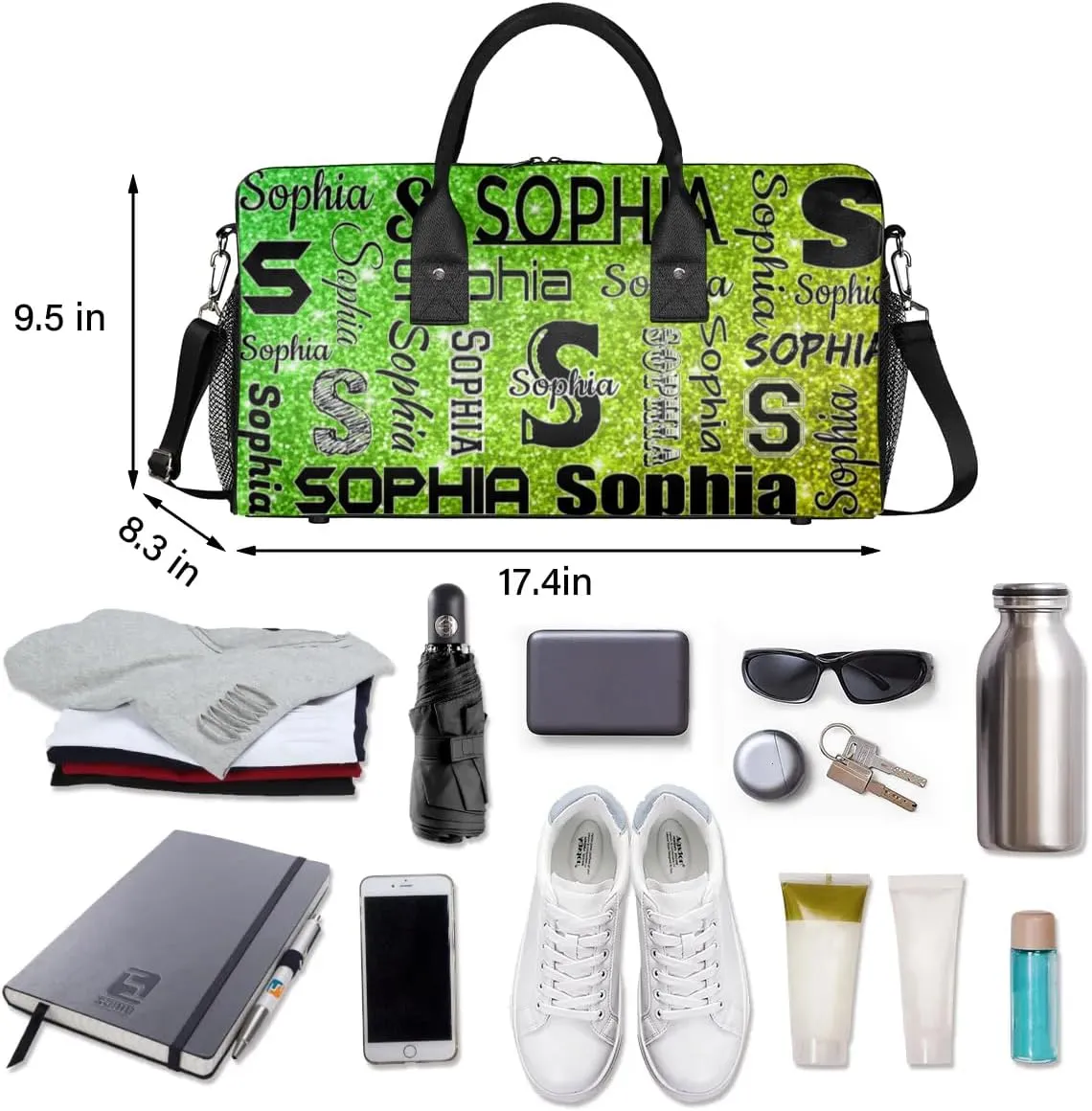 Personalized Travel Duffel Bag with Initial for Women, Custom Gym Duffel Bags Birthday Gift with Your Name Cheer Dance Overnight Weekender Bag Light Green Glitter