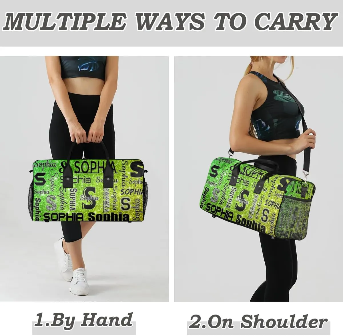 Personalized Travel Duffel Bag with Initial for Women, Custom Gym Duffel Bags Birthday Gift with Your Name Cheer Dance Overnight Weekender Bag Light Green Glitter