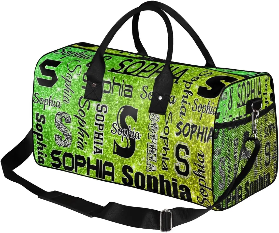 Personalized Travel Duffel Bag with Initial for Women, Custom Gym Duffel Bags Birthday Gift with Your Name Cheer Dance Overnight Weekender Bag Light Green Glitter