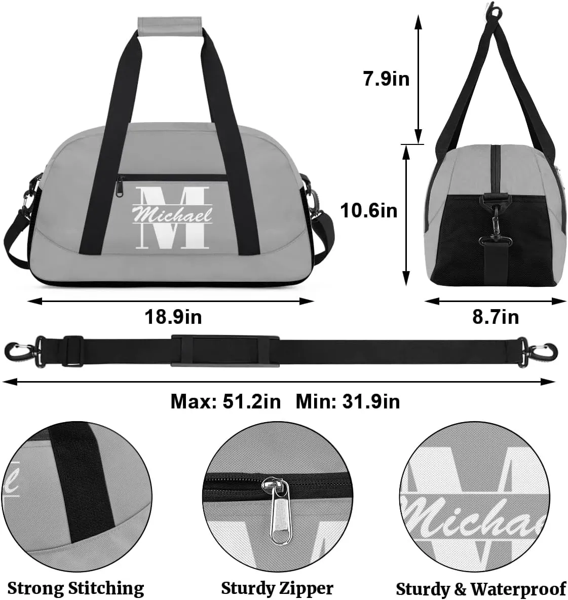 Personalized Travel Duffel Bag with Name, Custom Initial Gym Bag for Women Men, Monogram Sport Dance Ballet Bag Weekender Overnight Bag, Dark Gray