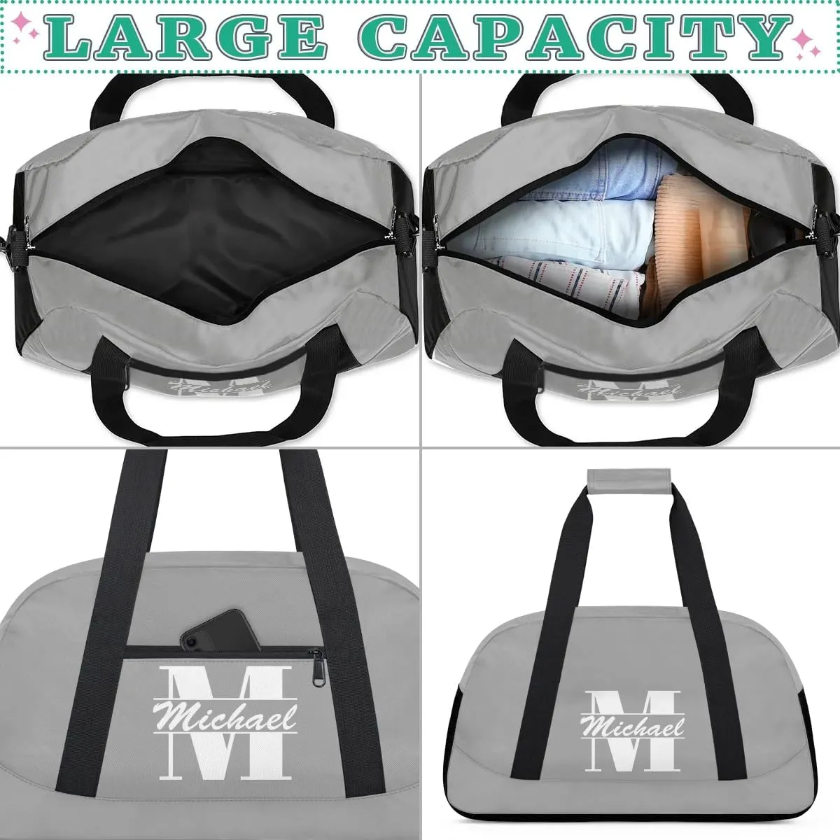 Personalized Travel Duffel Bag with Name, Custom Initial Gym Bag for Women Men, Monogram Sport Dance Ballet Bag Weekender Overnight Bag, Dark Gray
