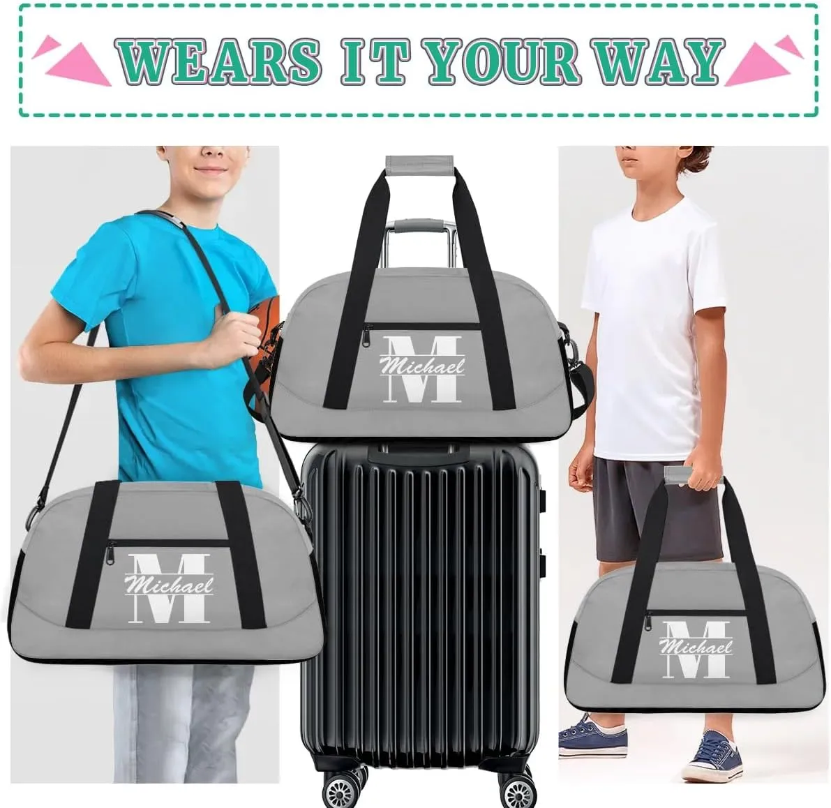 Personalized Travel Duffel Bag with Name, Custom Initial Gym Bag for Women Men, Monogram Sport Dance Ballet Bag Weekender Overnight Bag, Dark Gray
