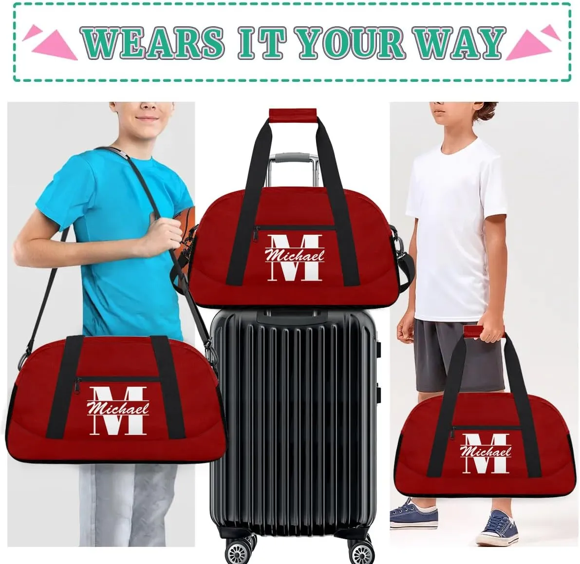 Personalized Travel Duffel Bag with Name, Custom Initial Gym Bag for Women Men, Monogram Sport Dance Ballet Bag Weekender Overnight Bag, Dark Red