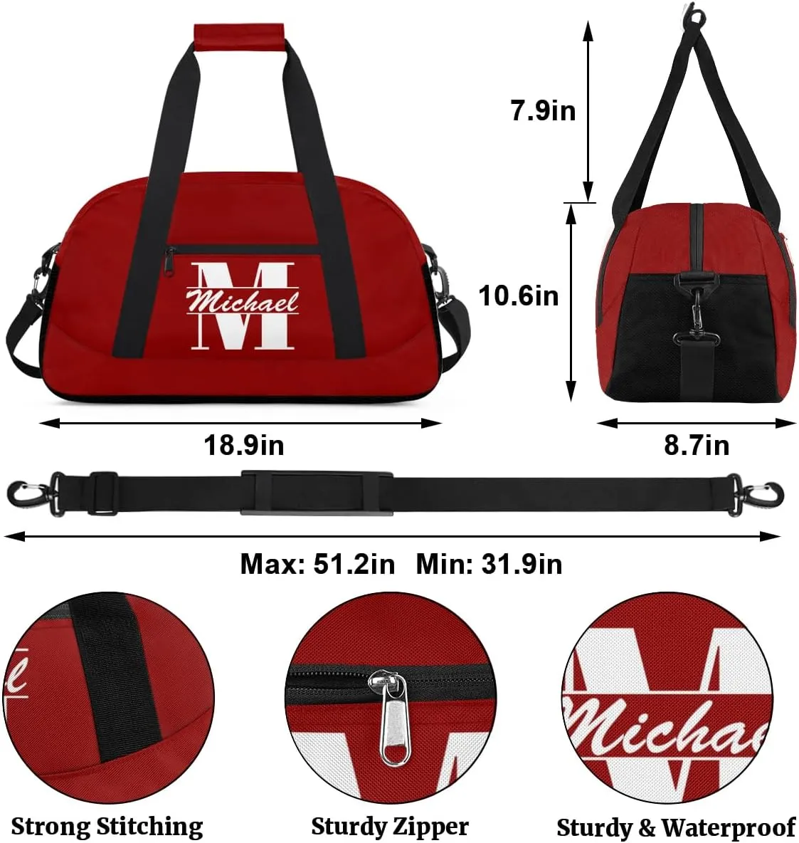 Personalized Travel Duffel Bag with Name, Custom Initial Gym Bag for Women Men, Monogram Sport Dance Ballet Bag Weekender Overnight Bag, Dark Red