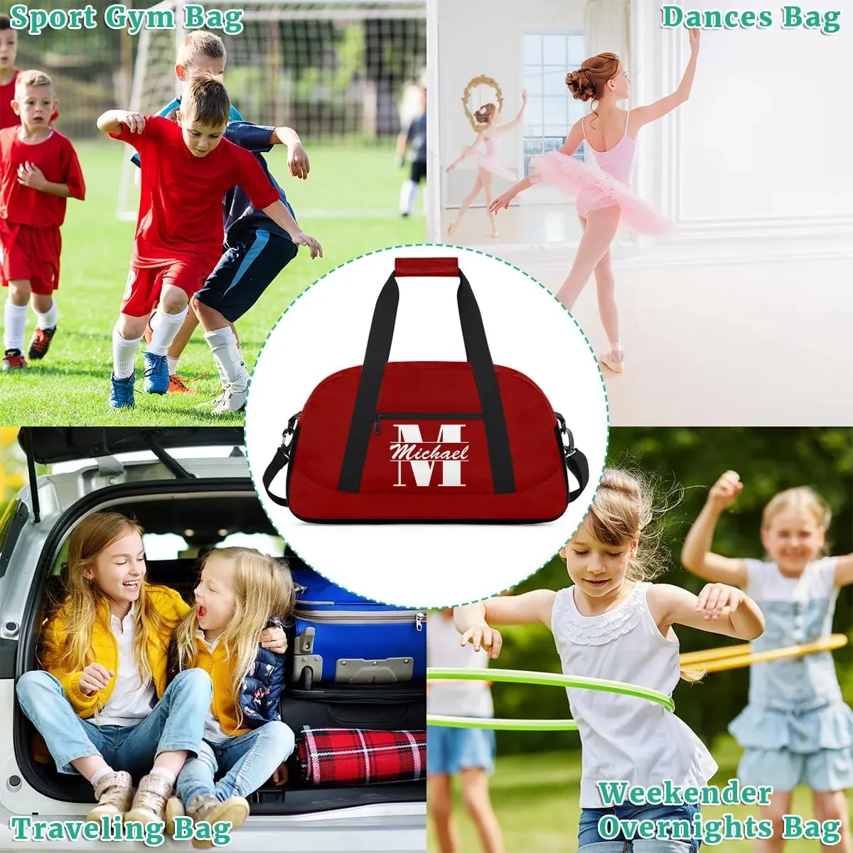 Personalized Travel Duffel Bag with Name, Custom Initial Gym Bag for Women Men, Monogram Sport Dance Ballet Bag Weekender Overnight Bag, Dark Red