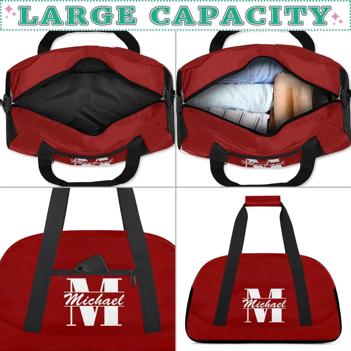 Personalized Travel Duffel Bag with Name, Custom Initial Gym Bag for Women Men, Monogram Sport Dance Ballet Bag Weekender Overnight Bag, Dark Red