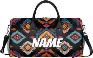 Personalized Tribe Pattern Travel Duffel Bag with Name, Custom Gym Sport Bag Geometrical Decorative Carry On Weekend Overnight Duffel Bag for Men Women
