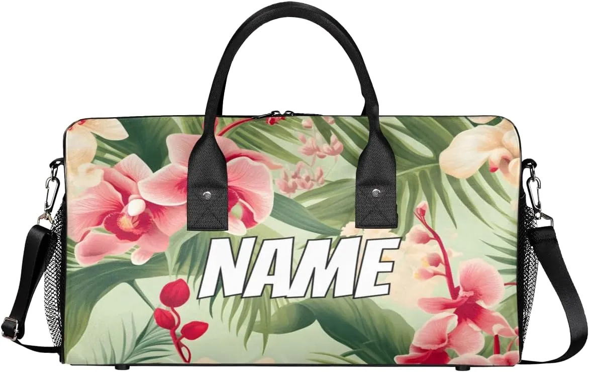 Personalized Tropical Floral Travel Duffel Bag with Name, Custom Gym Sport Bag Palm Leaves Carry On Weekend Overnight Duffel Bag for Men Women