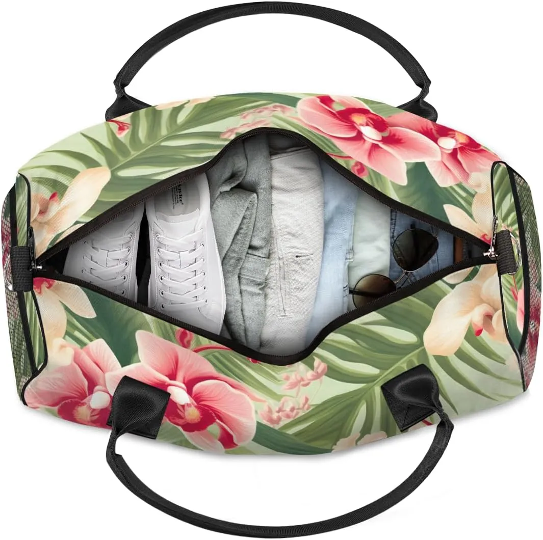 Personalized Tropical Floral Travel Duffel Bag with Name, Custom Gym Sport Bag Palm Leaves Carry On Weekend Overnight Duffel Bag for Men Women