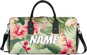 Personalized Tropical Floral Travel Duffel Bag with Name, Custom Gym Sport Bag Palm Leaves Carry On Weekend Overnight Duffel Bag for Men Women