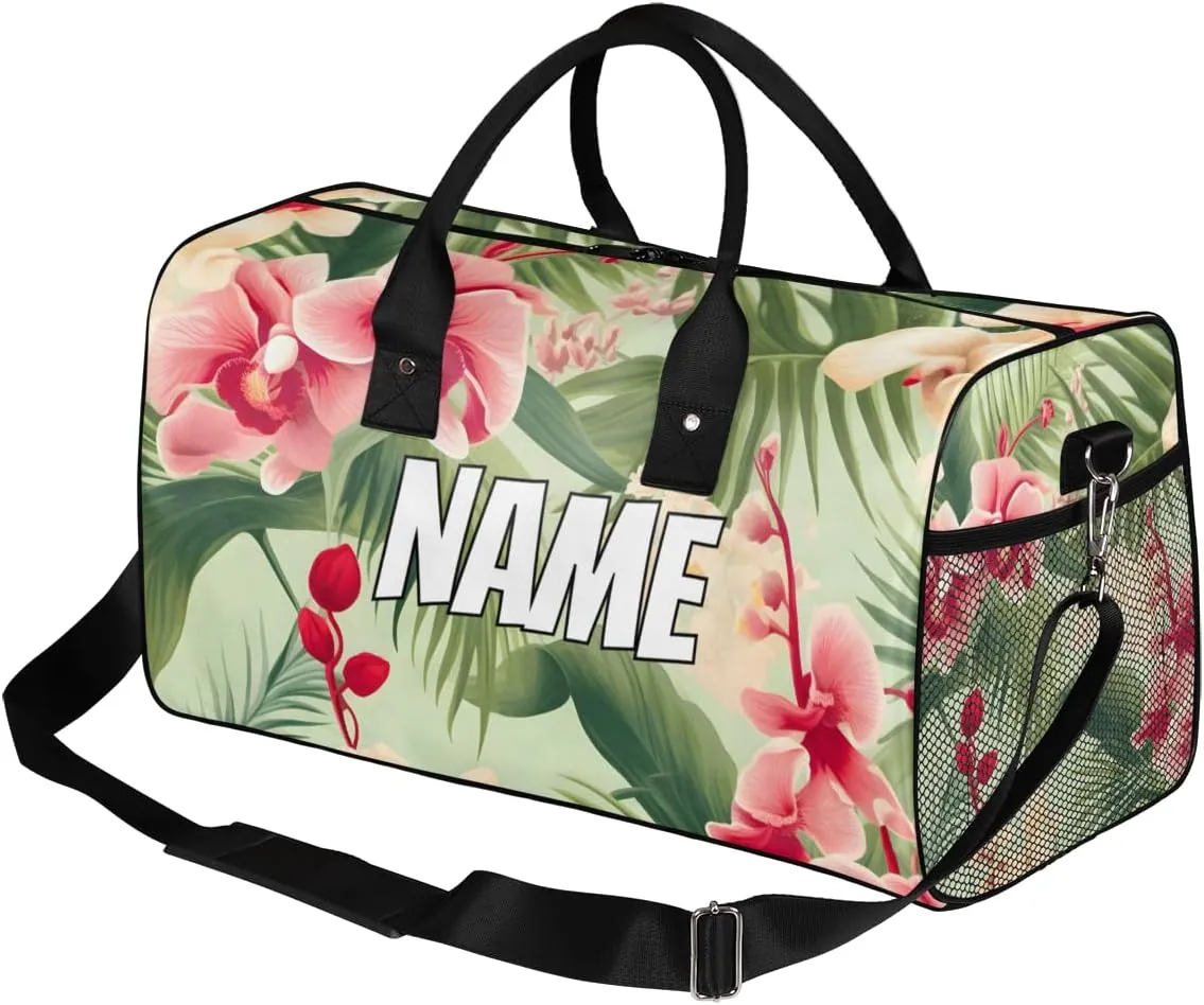 Personalized Tropical Floral Travel Duffel Bag with Name, Custom Gym Sport Bag Palm Leaves Carry On Weekend Overnight Duffel Bag for Men Women