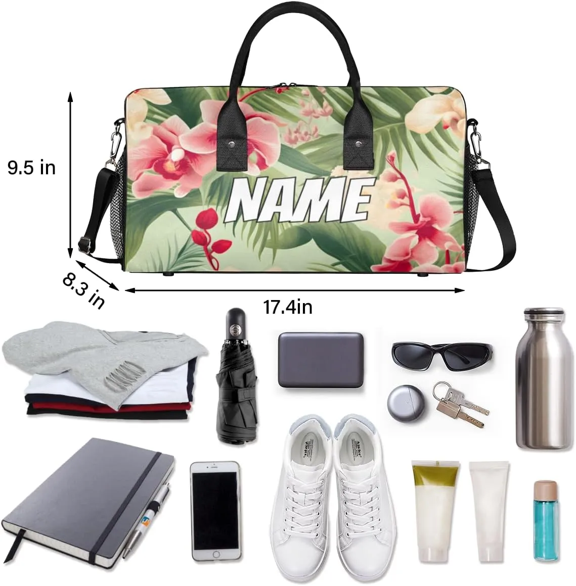 Personalized Tropical Floral Travel Duffel Bag with Name, Custom Gym Sport Bag Palm Leaves Carry On Weekend Overnight Duffel Bag for Men Women