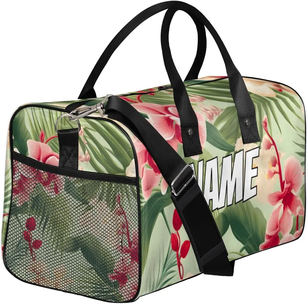 Personalized Tropical Floral Travel Duffel Bag with Name, Custom Gym Sport Bag Palm Leaves Carry On Weekend Overnight Duffel Bag for Men Women