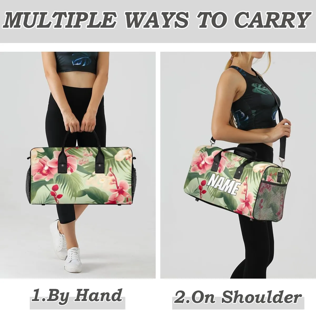 Personalized Tropical Floral Travel Duffel Bag with Name, Custom Gym Sport Bag Palm Leaves Carry On Weekend Overnight Duffel Bag for Men Women
